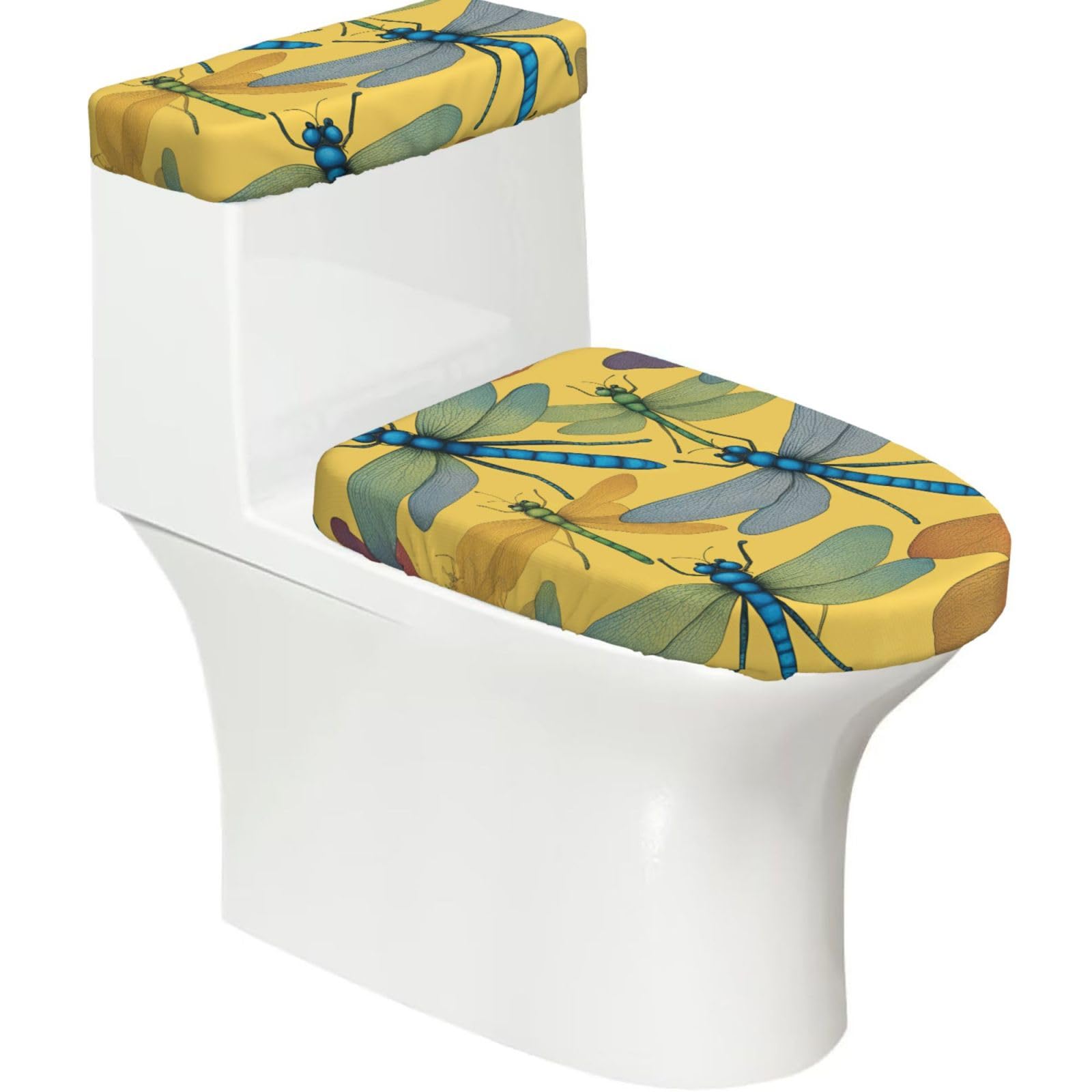 Colorful Dragonfly Print Cozy Toilet Seat Warmer Cover Set Stretch Tank Lid Cover Bathroom Essentials For Most Toilets