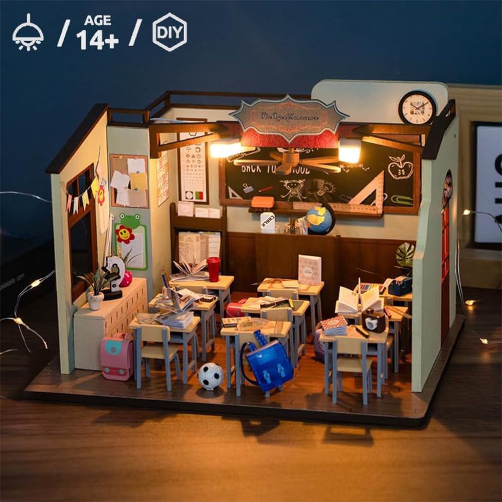 CHOOYIH DIY Miniature House Kit with Dust Cover and Music,Miniature Classroom Wooden Model Handmade Room Building Set,DIY Model Kits Christmas Birthday Gifts for Adult Friend Lover