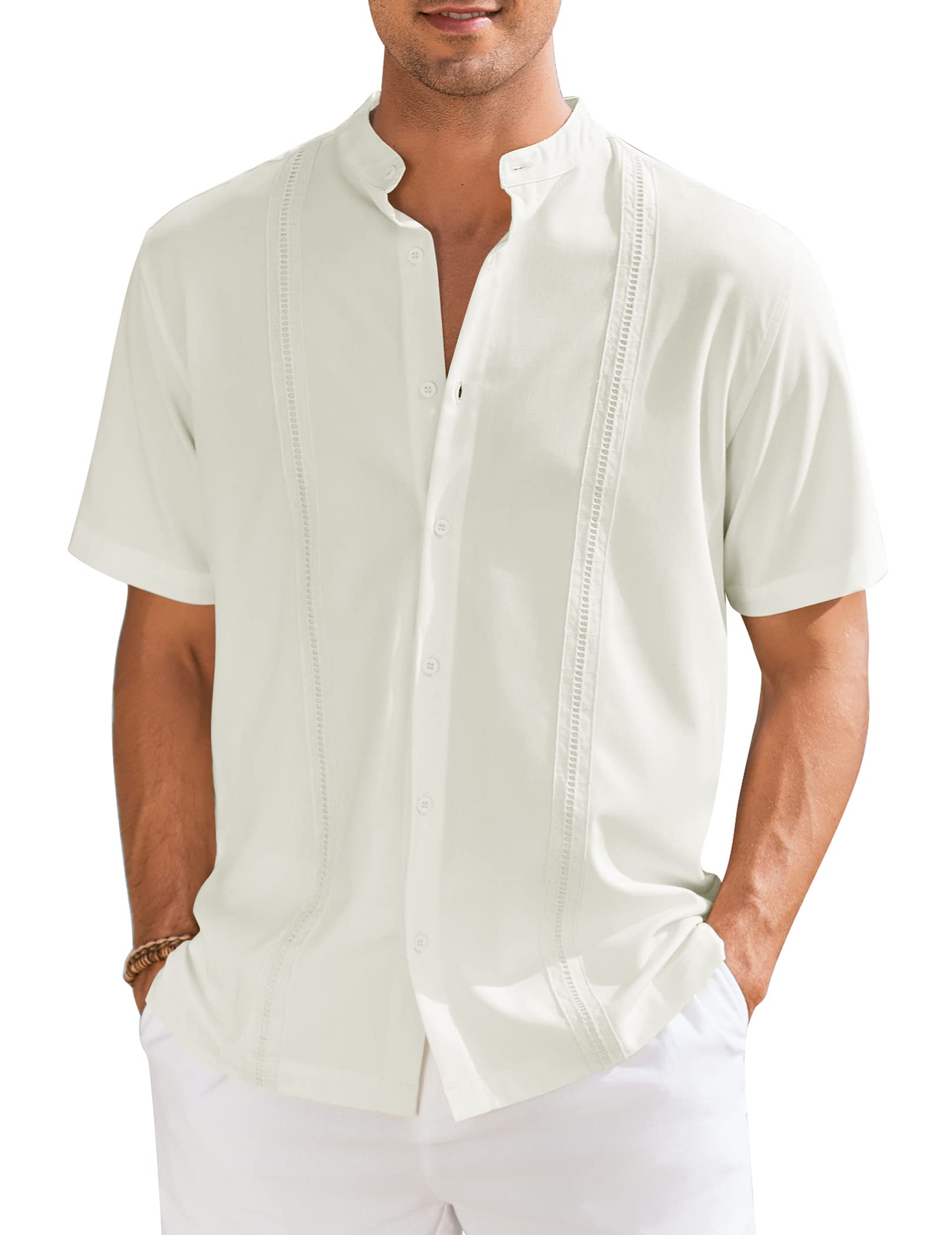 COOFANDYMens Cuban Guayabera Short Sleeve Shirt Casual Band Collar Button Down Shirts