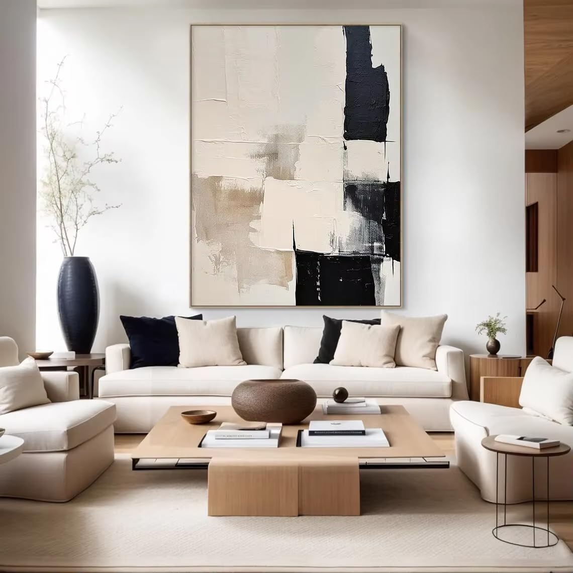 IHHGNB Large Canvas Black Beige Abstract Painting Minimalist Textured Wall Art Canvas Painting Pictures for Living Room Decor(70x100cm(28x39in)/No frame)