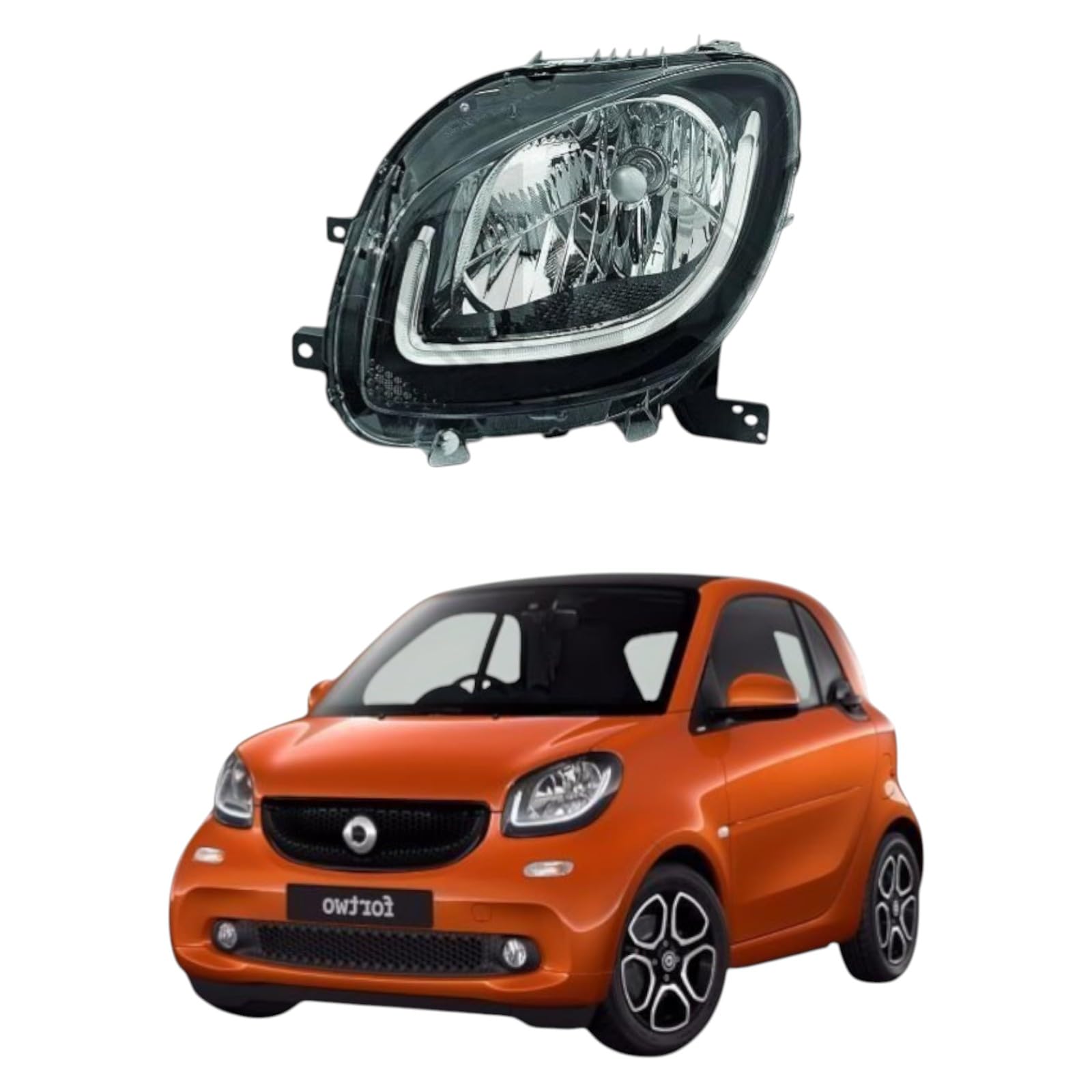 Proiettore Sinistro Parabola Nera Modello High Line per FORTWO (453) dal 2014 in poi H4 - Faro SX Lato Guida - Compatibile, Non Originale