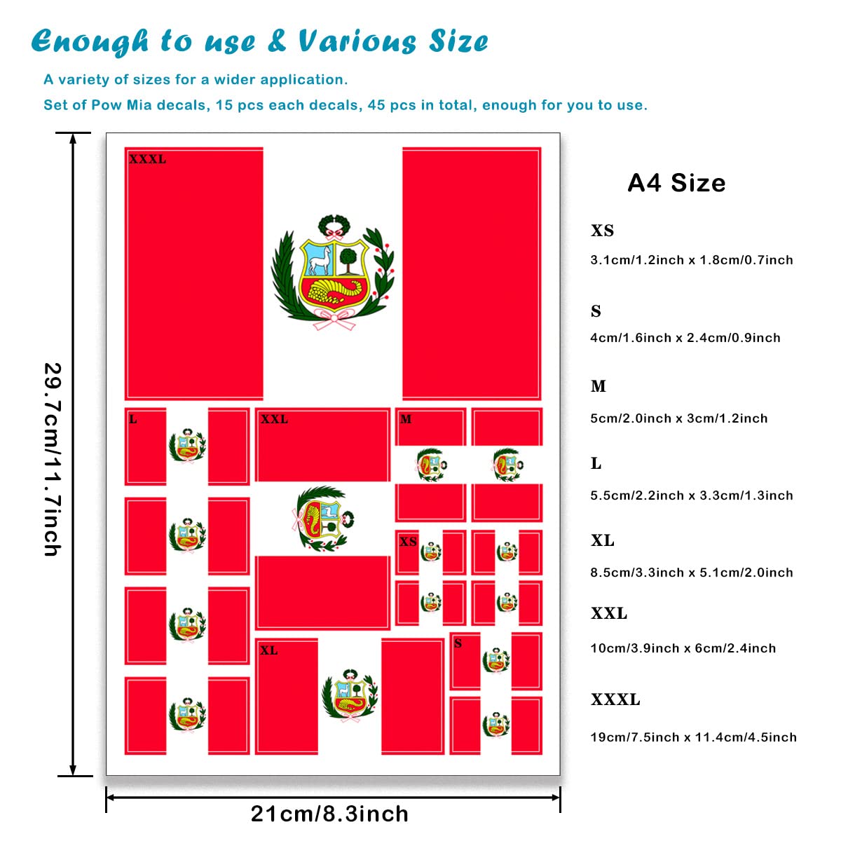 Condition photo showing New/Like New for QQSD Peru Flag Sticker Peruvian Decal in Multiple Sizes, 3 Pack, 11.7 x 8.3 Inches