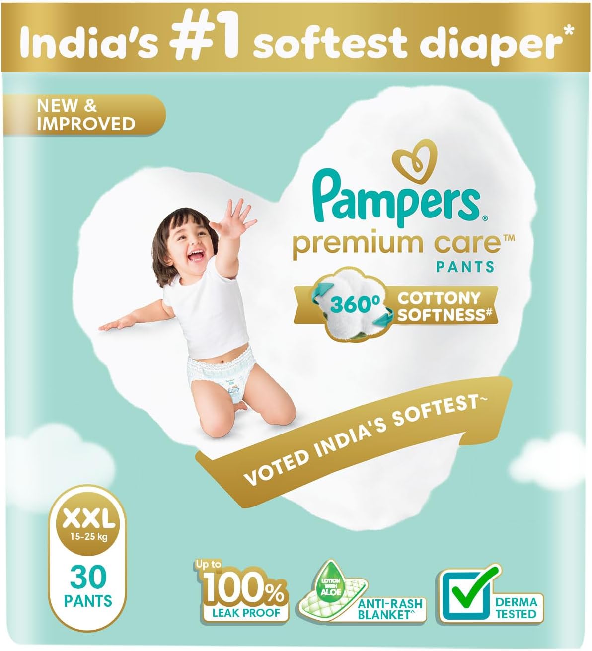 Pampers Premium Care Pant Style Baby Diapers | XX-Large (XXL size) | 30 Count | Voted India's Softest | All-in-1 with 360 Cottony Softness Diapers | 15-25kg