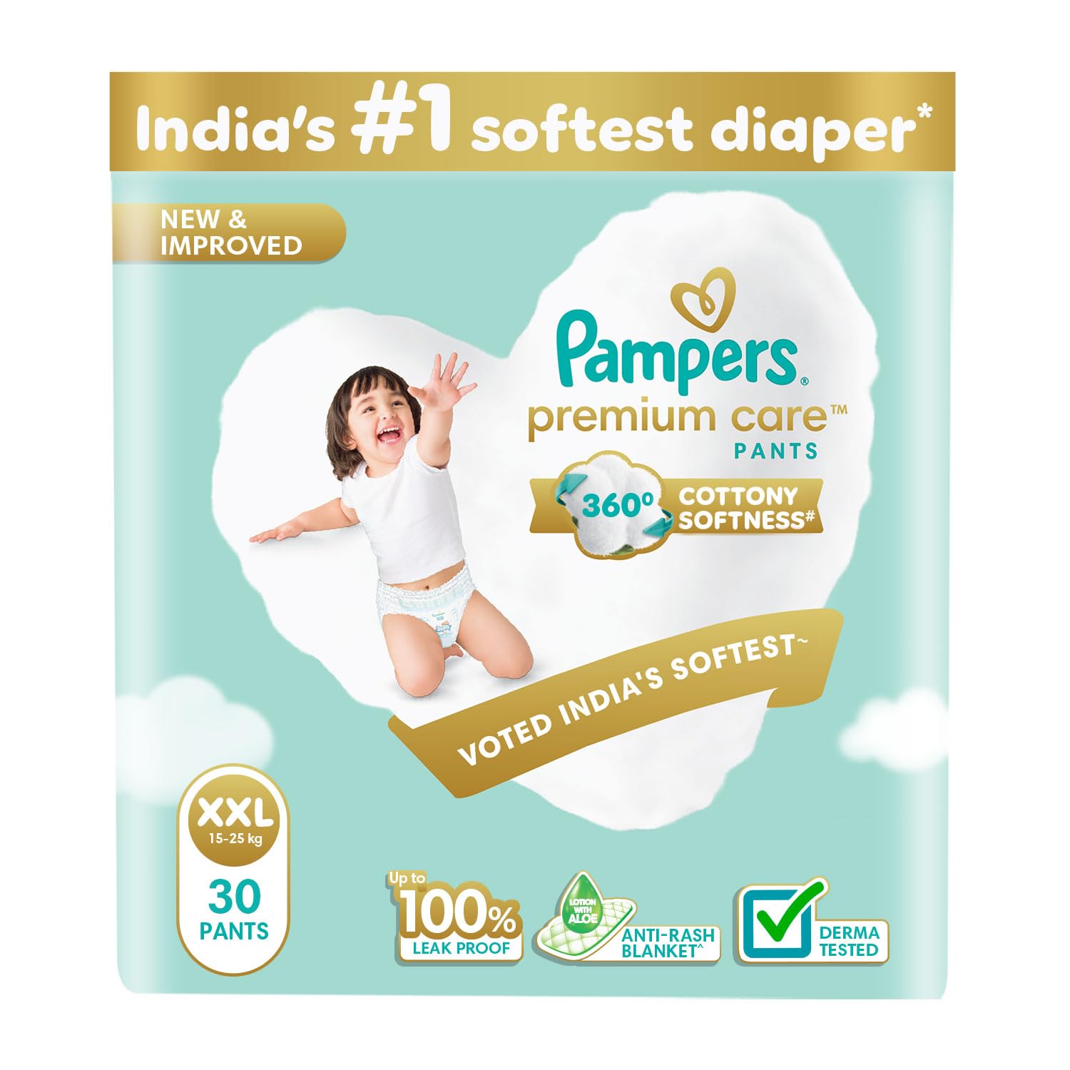Pampers Premium Care Pant Style Baby Diapers | XX-Large (XXL size) | 30 Count | Voted India's Softest | All-in-1 with 360 Cottony Softness Diapers | 15-25kg