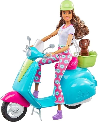Barbie Fashionistas - Juego de viaje para muñeca y scooter con cachorro y accesorios temáticos