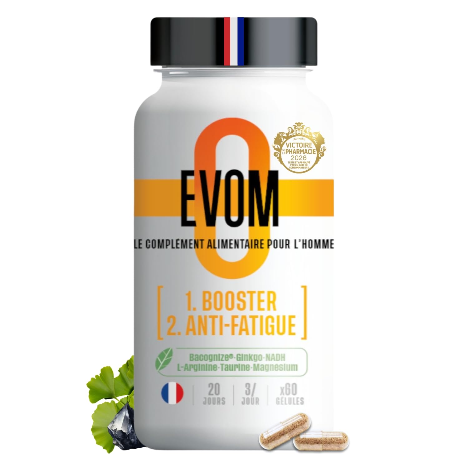 Booster Anti Fatigue Homme EVOM - Énergie Physique et Tonus Mental - Magnésium (26% VNR), Bacopa BACOGNIZE®, Ginkgo, NADH, acides aminés – Cure 20 jours – Complément Alimentaire Pour Homme