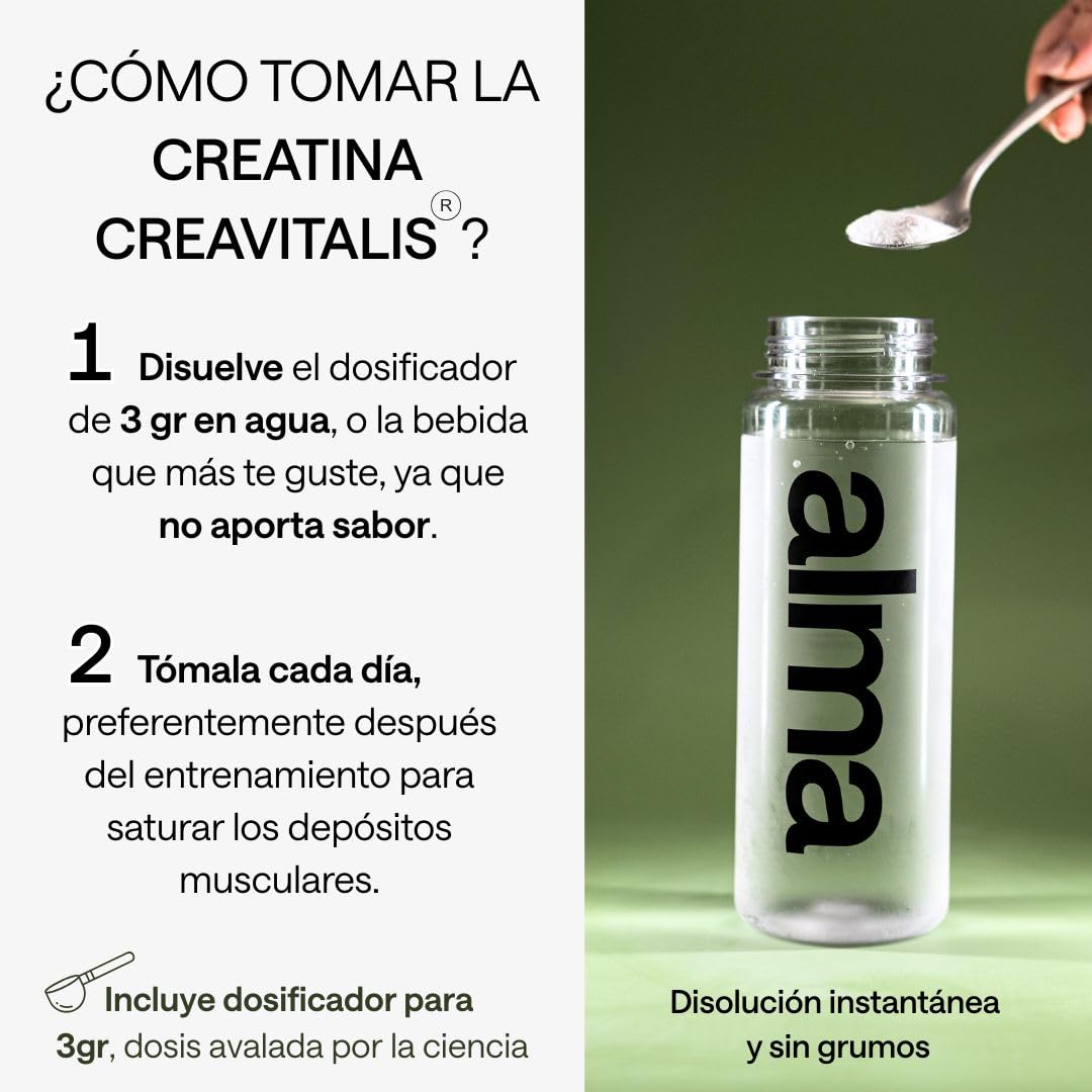 Creatina Monohidratada Creavitalis® ALMA® 600 g | Creatina Creapure Monohidrato en Polvo 99,9% Pureza Premium | Vegana, Sin Gluten ni Lactosa | 200 Dosis Disolución Instantánea | Fabricada en Alemania - 4