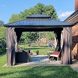 PURPLE LEAF Gazebo da giardino esterno 3,65 x 3 m Gazebo da giardino con zanzariera e tende Pergola in alluminio a doppio tetto in acciaio zincato gazebo da campeggio impermeabile per terrazza, grigio