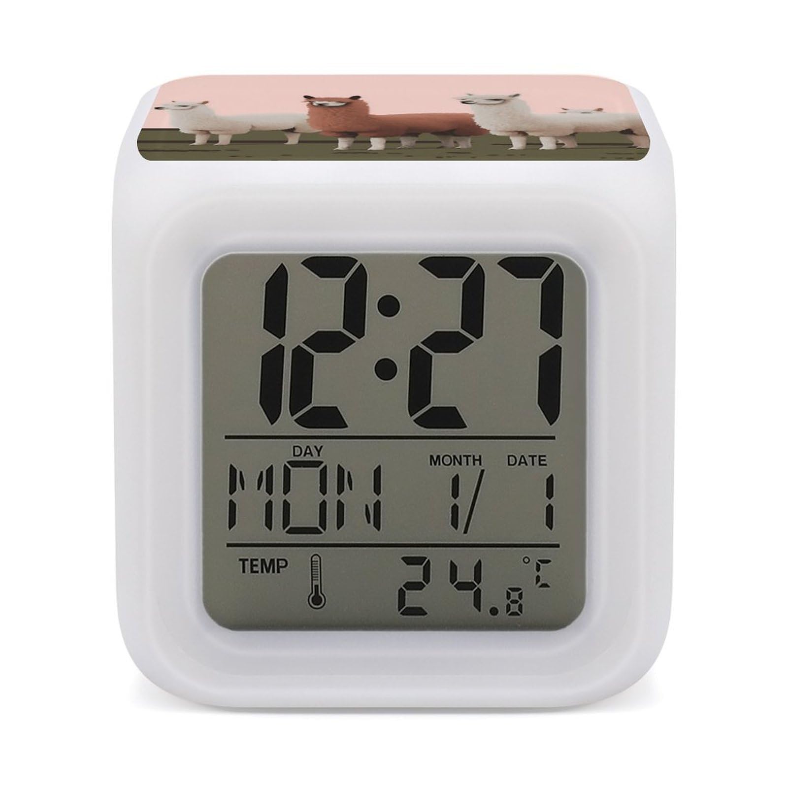VstaDank Alpacas Alarm Clock with 7 Color Changing Night Light Date Temp Display Wake Clocks LED Display Digital Clock Electric Desk Clocks for Living Office Bedroom Decor