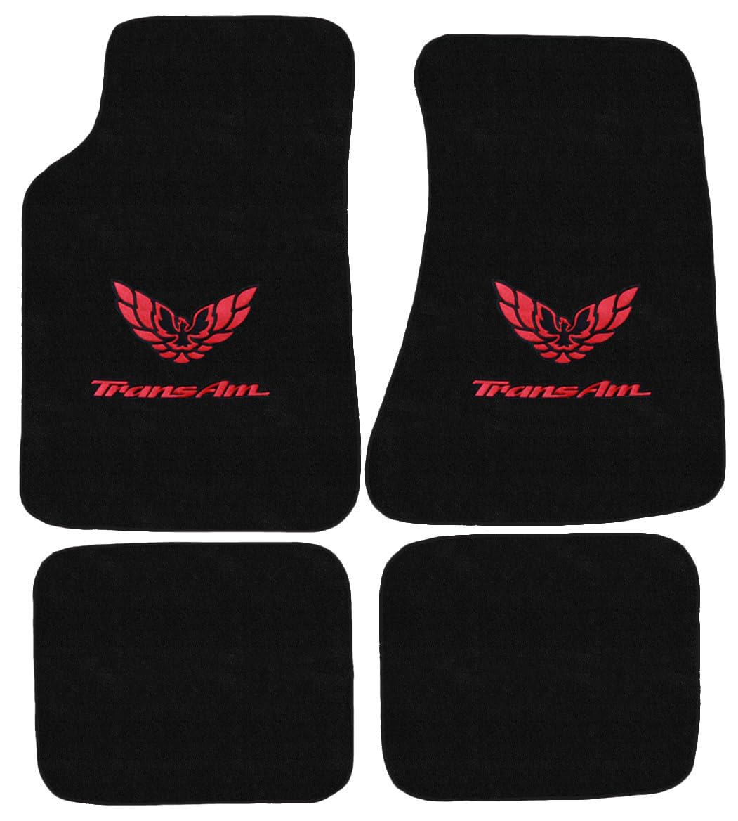 AveryAutoMats Custom Fit 4 Piece Carpet Floor Mats Compatible with 1982-2002 Pontiac Firebird Trans Am with Red Logo on Front Mats - Black