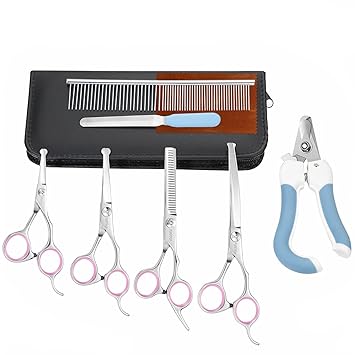 POPETPOP Dog Grooming Scissors Kit with Safety Round Tip Heavy Duty 4 CR Stainless Steel Pet Grooming Trimmer Set Thinning, Straight, Curved Shears Comb for Dog Cat Pet