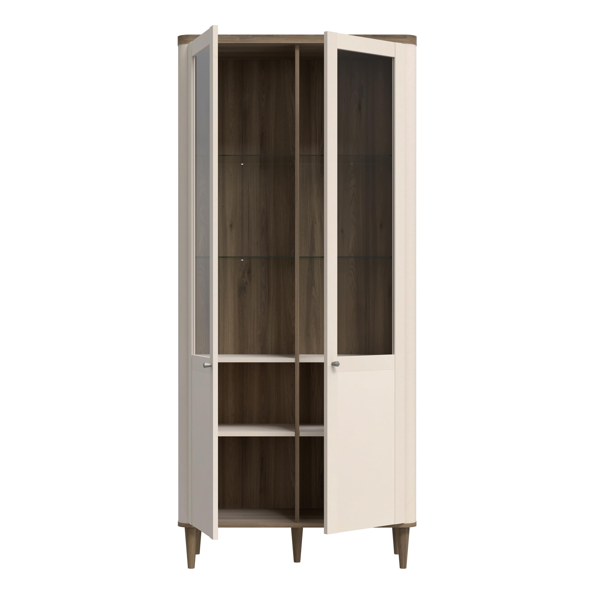 Forte LACETTI Vitrine 90, Moderne Wohnzimmervitrine mit Skandi Lamellen Design, 2-türig, Holzwerkstoff, Kaschmir | Beige mit Valencia Eiche Holzdekor, 90,1 cm breit x 200,5 cm hoch x 41,2 cm tief