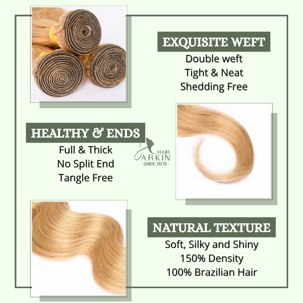 #27 Honey Blonde Human Hair Bundle Body Wave 15A Grade, 100% Unprocessed Brazilian Virgin Human Hair, Soft Double Weft Hair Extensions for Black Women, No Shedding 27 30inch