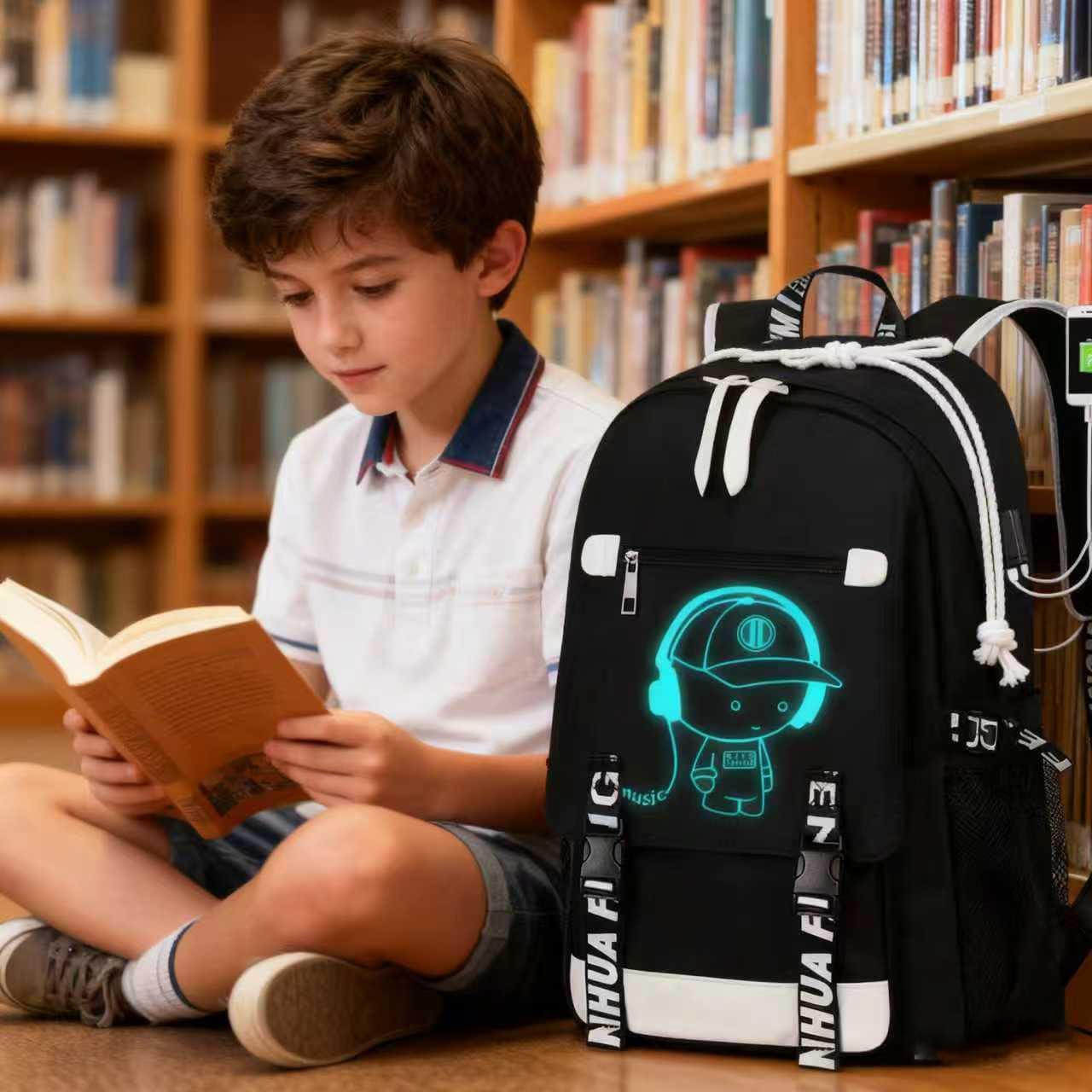 School Backpack for Boys Print Backpack Teenagers Anime Large School Bag Outdoor Reflective Daypack.Luminous Pattern Travel Laptop Backpack - With Usb Charging Port Headphone port - Image 4