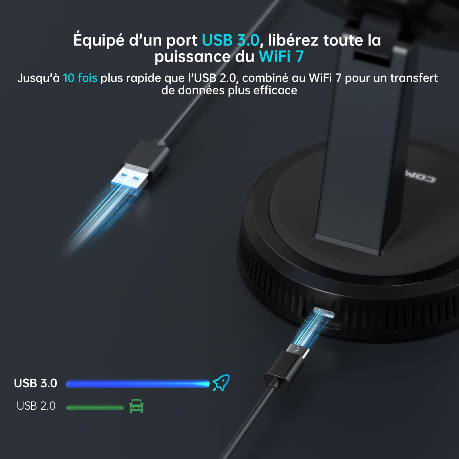 COMFAST Clé WiFi Puissante, WiFi7 BE6500 Mbps Tri-Bande Clé WiFi pour PC | avec Antenne intégrée, USB 3.0, OFDMA, MU-MIMO, WPA3, Compatible avec Windows 11/10