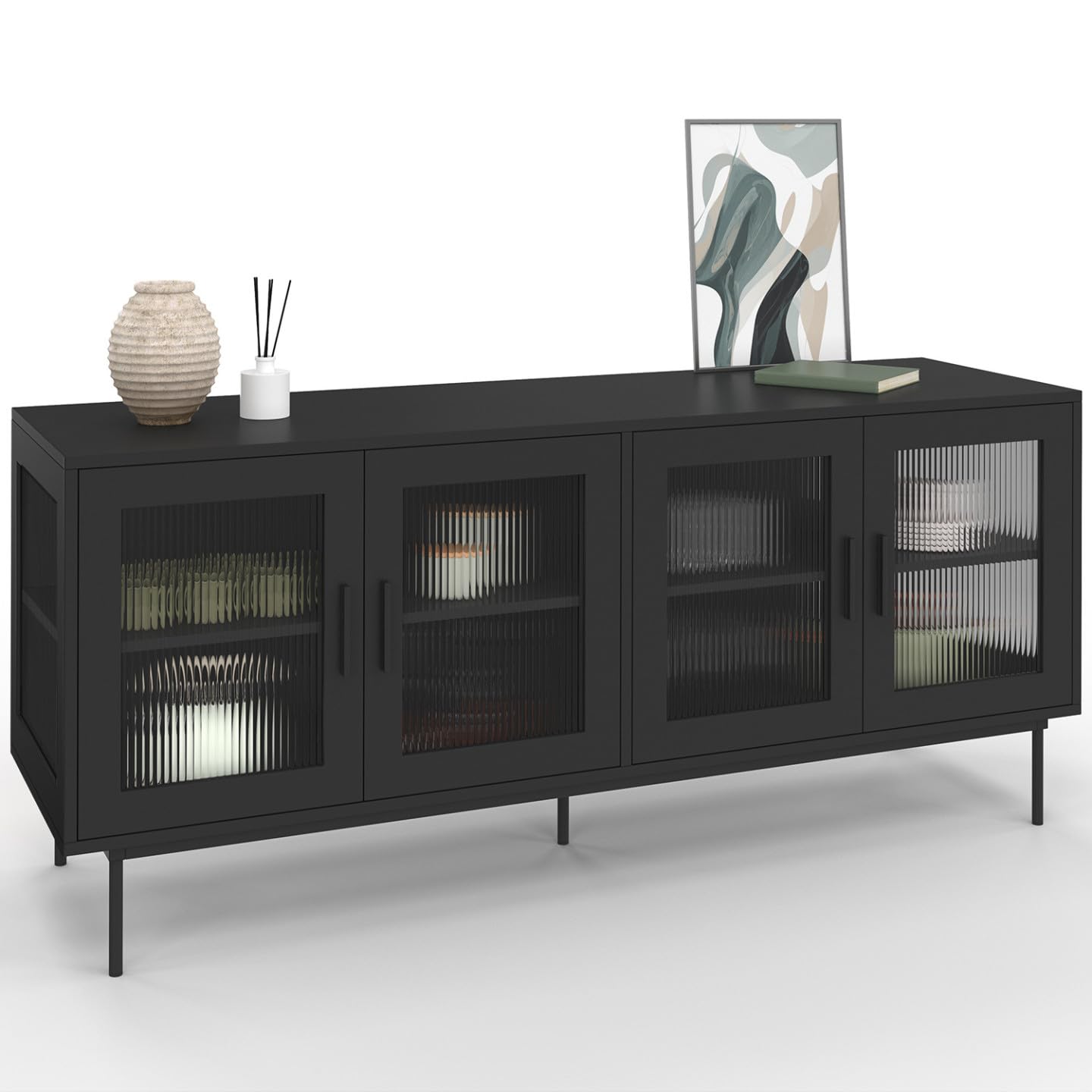 IDMarket - Buffet 140 cm ZINEB 4 Portes vitrées façade cannelée Noir