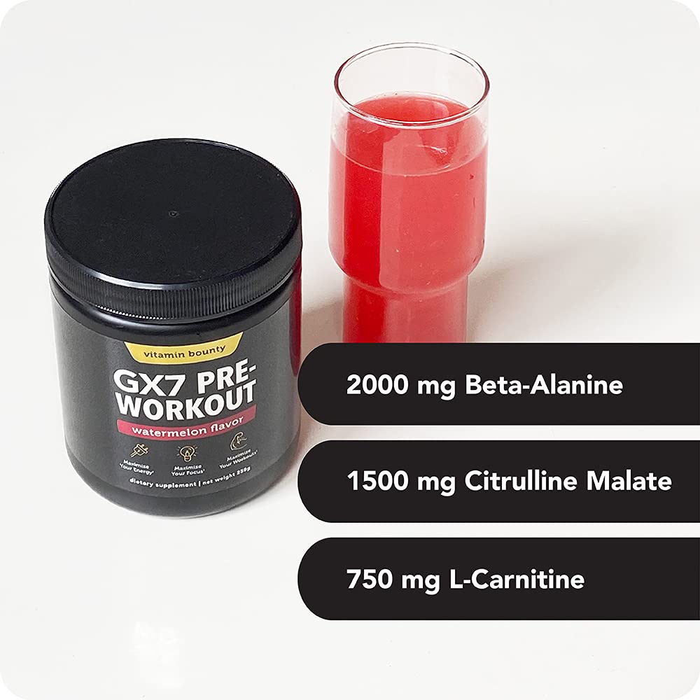 Vitamin Bounty Gx7 Pre Workout Powder for Men – Pre workout for Women - Sugar Free Pre Workout Energy Booster Supplement with Beta-Alanine, Caffeine, Keto, 0g Net Carbs - Watermelon Flavor, 20 Serving — Amazon image 3