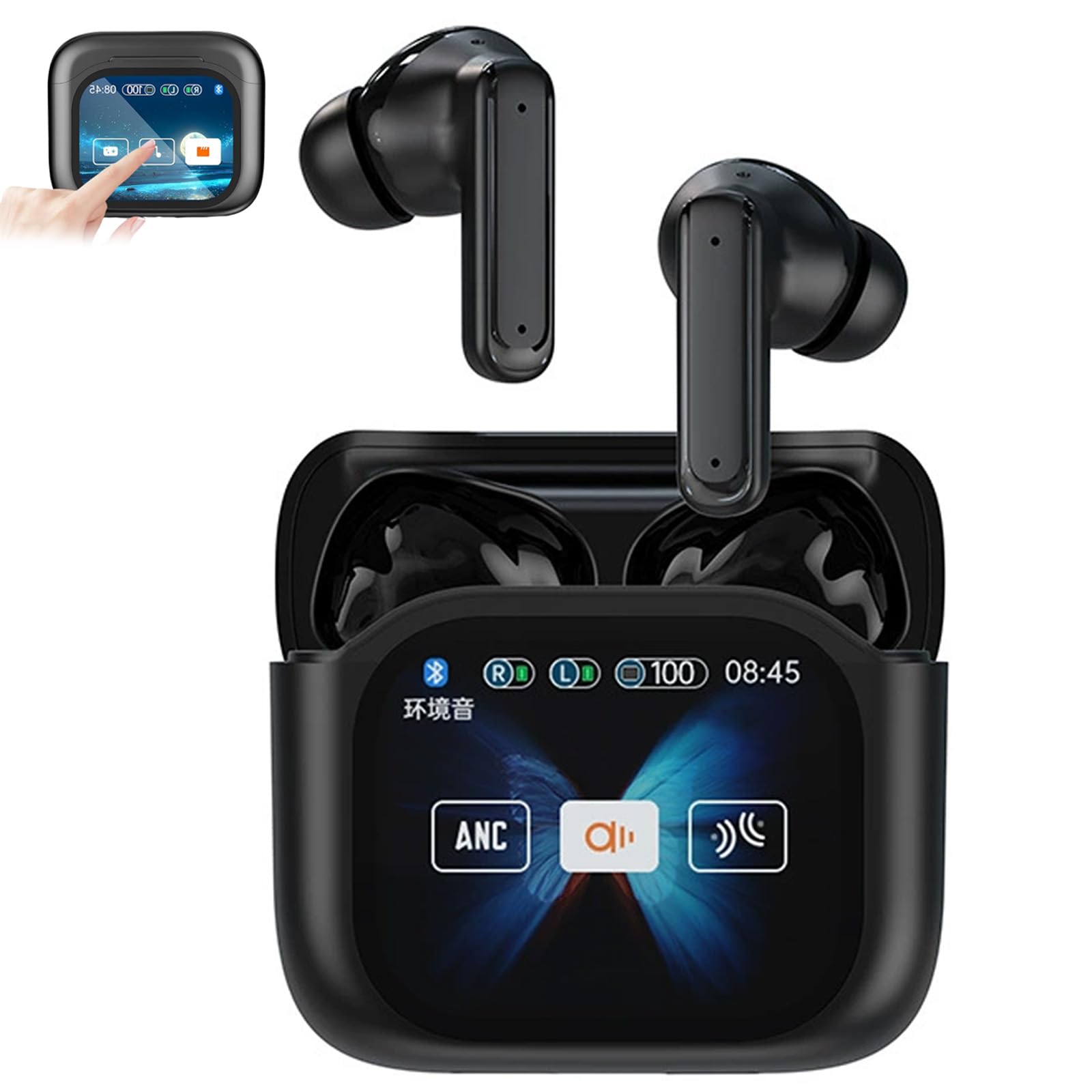 Wireless Bluetooth Translation Earphone with LED Display Screen(for iPhone & for Android) Jm19 Wireless Bluetooth Earbuds with Smart Touch Screen Case, ANC Active Noise Cancelling (Black)