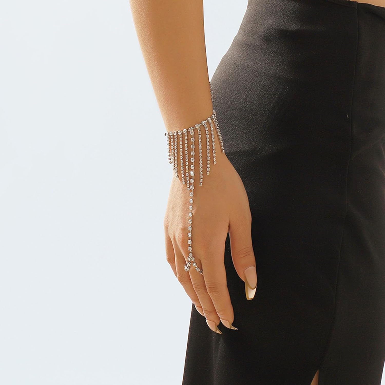 Boho Crystal Chain Ring Hand Bracelet CZ Tassel Finger Ring Bracelet Tennis Ring Bracelet Hand Chain Sparkly Rhinestone Link Bracelet Slave Chain Hand Harness Jewelry for Women - Image 2