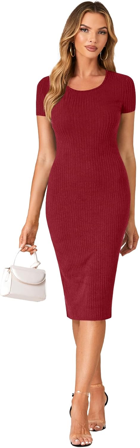 LYANER Women's Summer Round Neck Short Sleeve Ribbed Knit Bodycon Pencil Midi Dress - Image 6