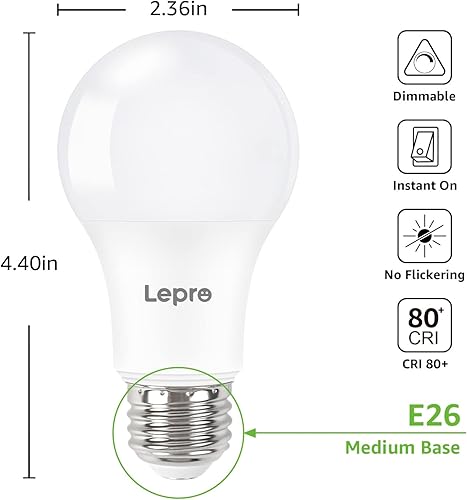 Miniatura 6 de Lepro Bombillas LED regulables equivalentes a 60 vatios, 9.5 W 800 lúmenes, blanco cálido suave 2700 K, base media estándar A19 E26, certificación