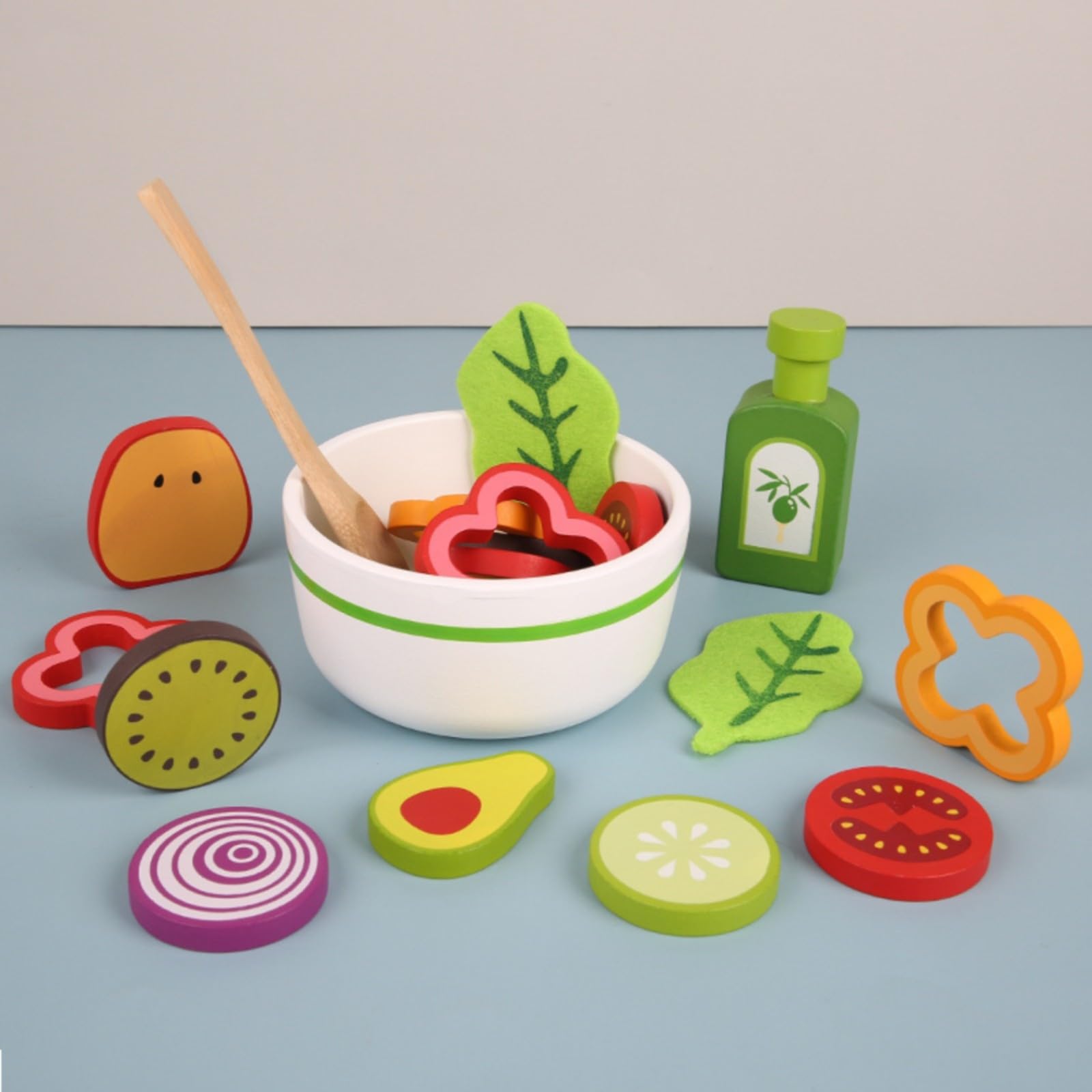 Set Insalata Giocattolo con Ciotola e Cucchiaio con Pittura a Base d'Acqua Giocattolo di Ortaggi di Legno Resistente e Durevole per Bambini