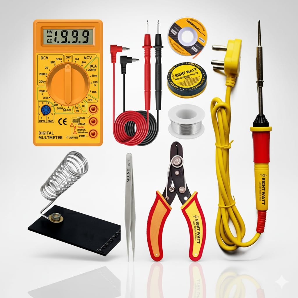 8-in-1 Electronics Repair & Soldering Tool Kit – Digital Multimeter, 60W Soldering Iron, Wire Cutter, Tweezers, Stand, Solder Wire, Desoldering Wick & Test Leads for DIY Electronics-image-10