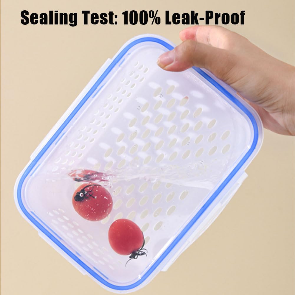 Frischhaltedose mit Ablaufkorb, 4 in 1 transparenter Kunststoff-Organizer für Kühlschrank, hält frisch und ordentlich, ideal für Obst und Gemüse, 3300 ml Fassungsvermögen