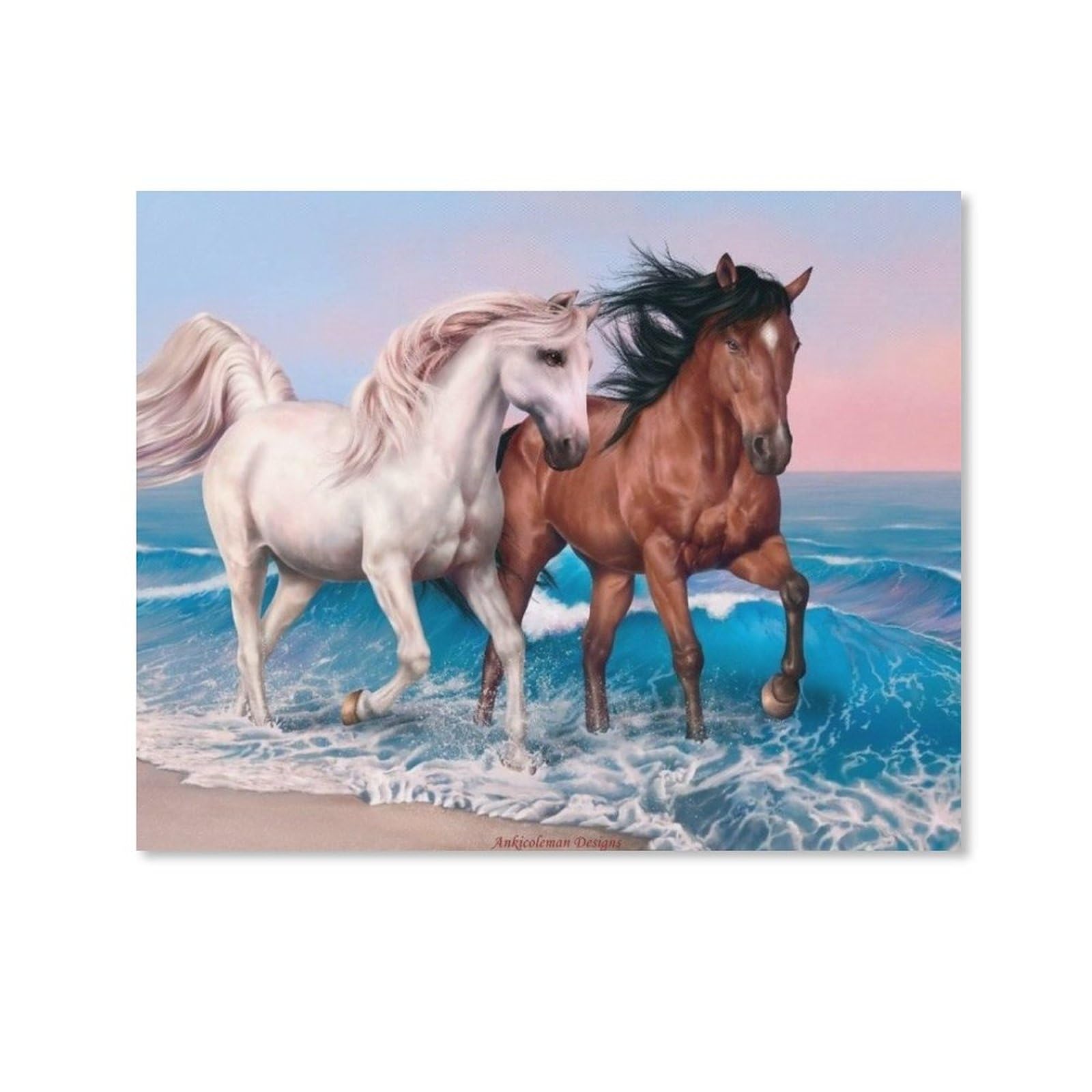 Amazon.co.jp: 絵画 夕暮れ時に2頭の馬が浜辺を走るインテリア