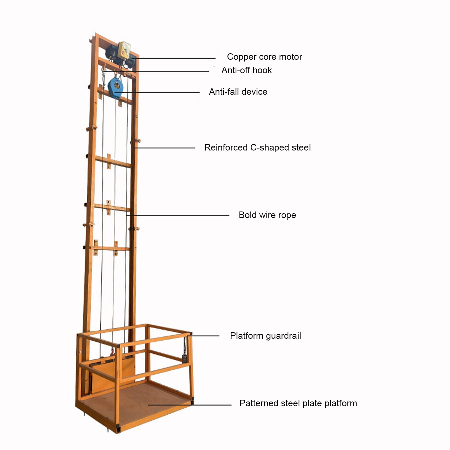 Plataforma elevadora eléctrica, elevador de carga montado en la pared, carga máxima de 400/880 kg, diseño simple de monorraíl para un transporte eficiente
