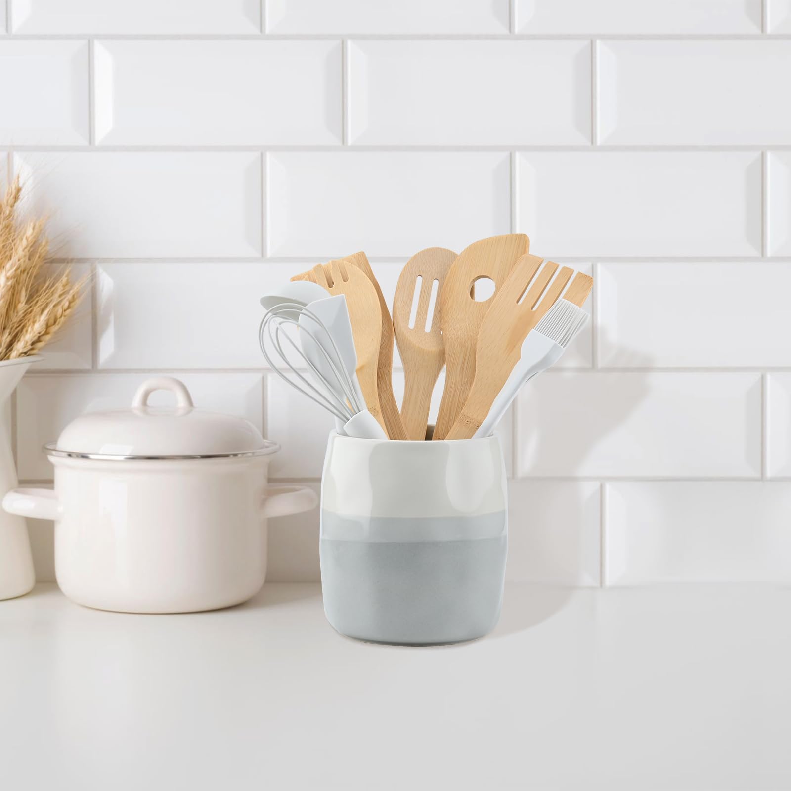 Porta Utensili da Cucina in Ceramica, Porta Posate da Cucina da Appoggio, Portamestoli da Tavola per Cucchiai, Spatole, Stoviglie, Design Stratificato Crema e Grigio (L)