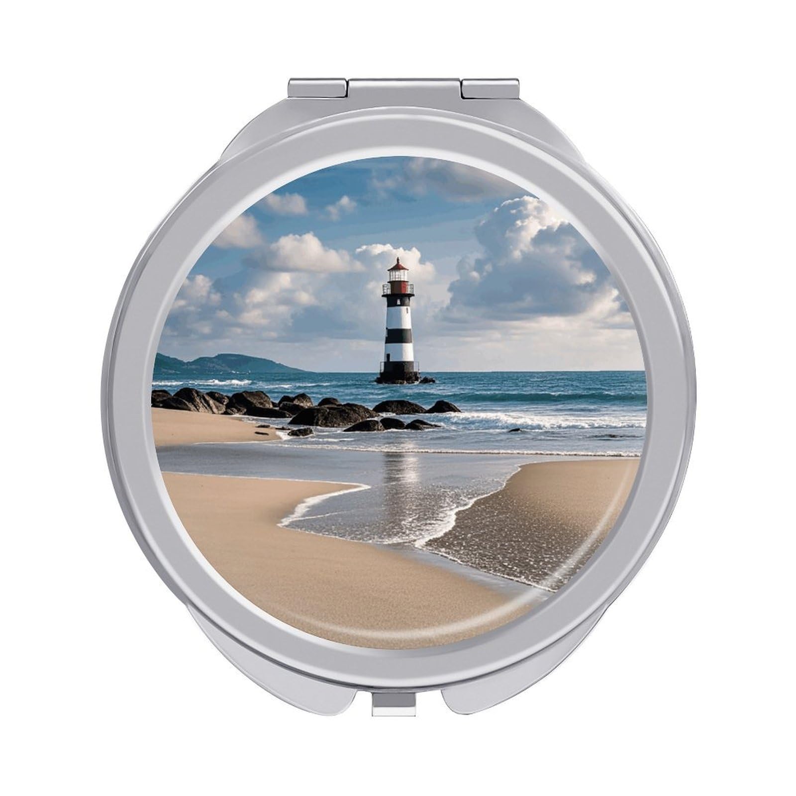 VstaDank Sea Lighthouse Sandbeach Travel Makeup Mirror 2 X /1 X Magnifying Mini Vintage Pocket Mirror for Purse Small Portable Folding Small Round Mirrors Portable Vanity Mirrors for Women