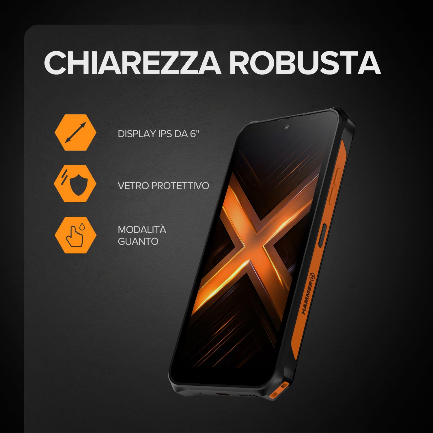HAMMER ENERGY X2 5G Smartphone rugged Android 15, Telefono indistruttibile 6,1", IP69, 6 + 8 GB RAM, 128 GB di memoria, 5000 mAh, eSIM, garanzia 2 anni
