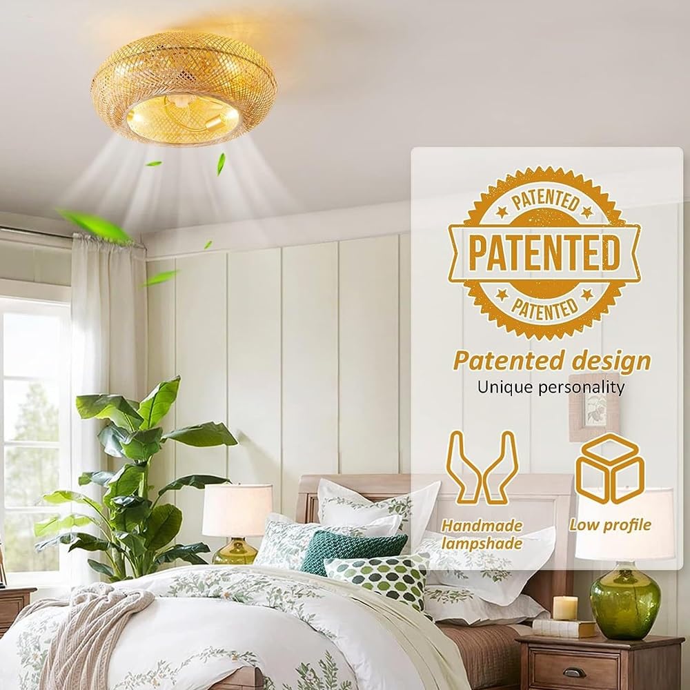 Plafonnier Ventilateur Rétro Ventilateur Plafond Bambou Avec Lumière - 6 Vitesses & Télécommande | Style Rétro Ventilateur Silencieux Télécommande