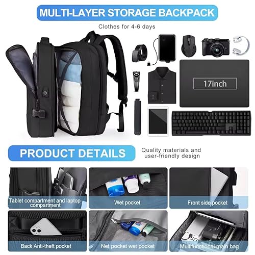 Mochila Mala Expansível Feminina Masculina de Viagem Grande, Impermeável, Aprovada como Bagagem de M