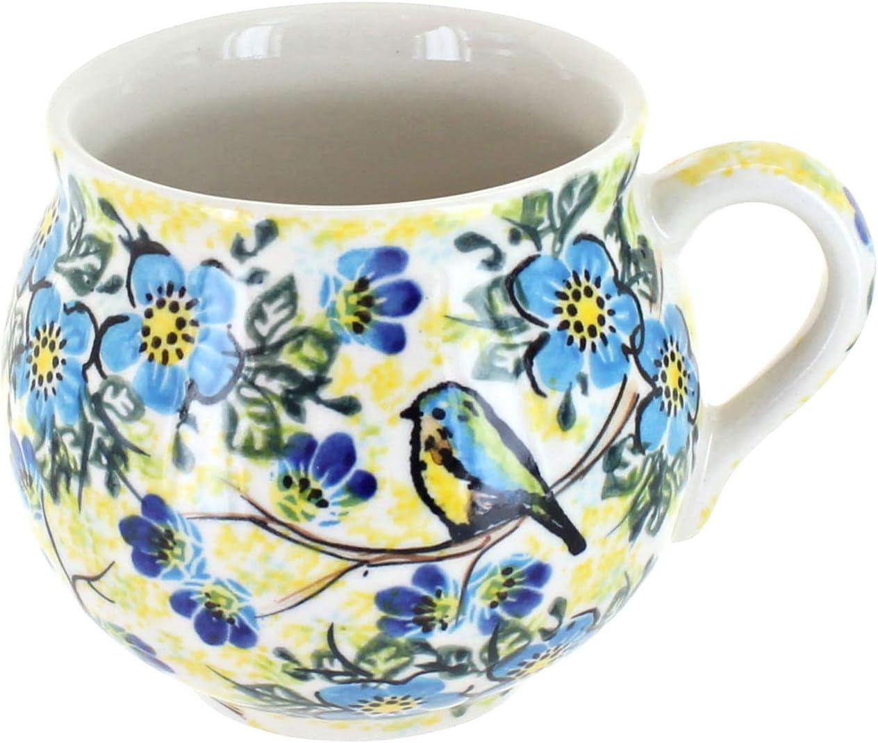 Blue Rose Polish Pottery - Yellow Bluebird Garden Bubble Mug - 14 oz - Unique Shape Mug for Coffee & Tea