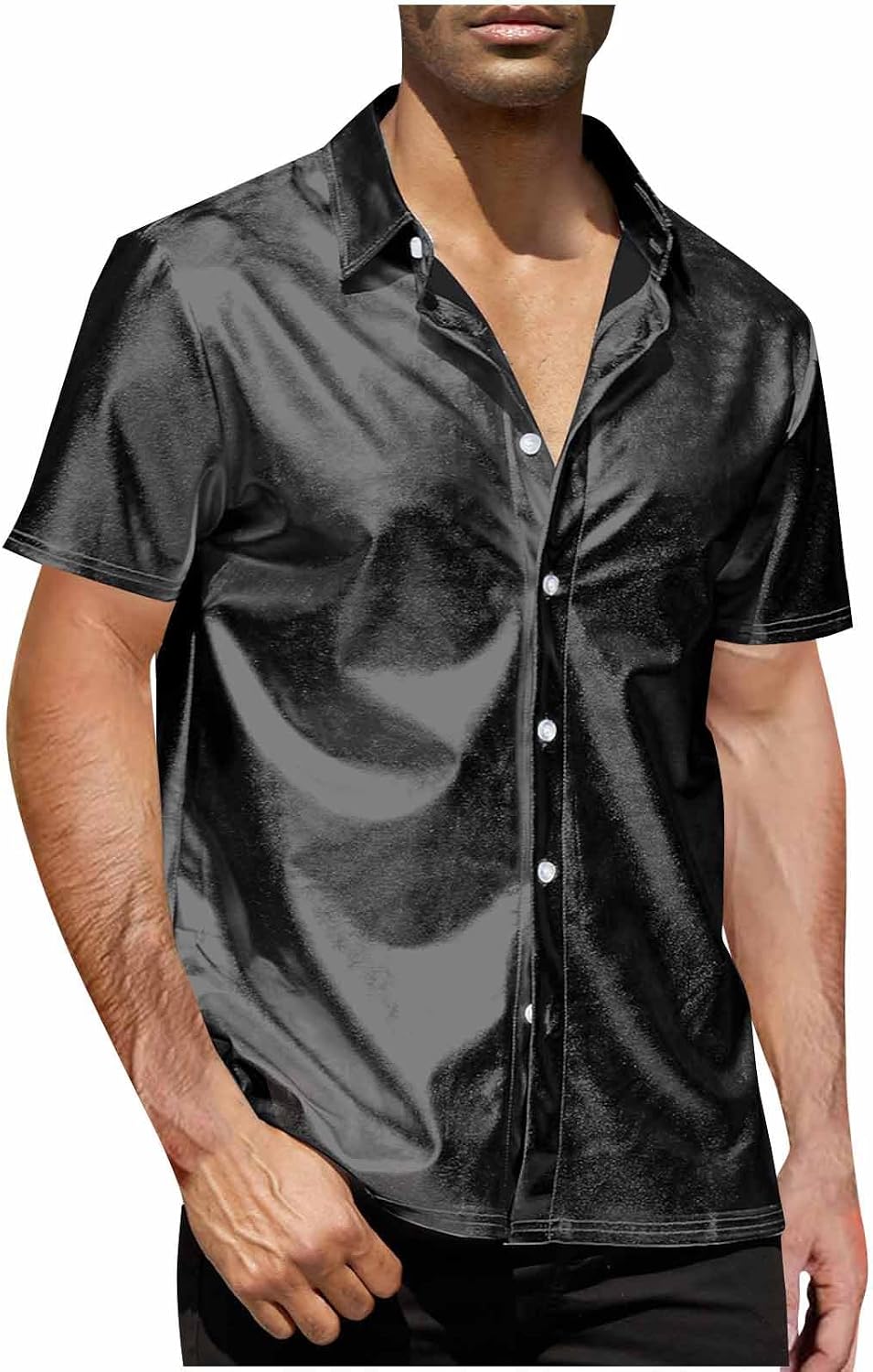 Mens Shiny Metallic Shirts Short Sleeve Button Down Shirt 70s Disco Party Outfits Collared Glitter Top for Nightclub