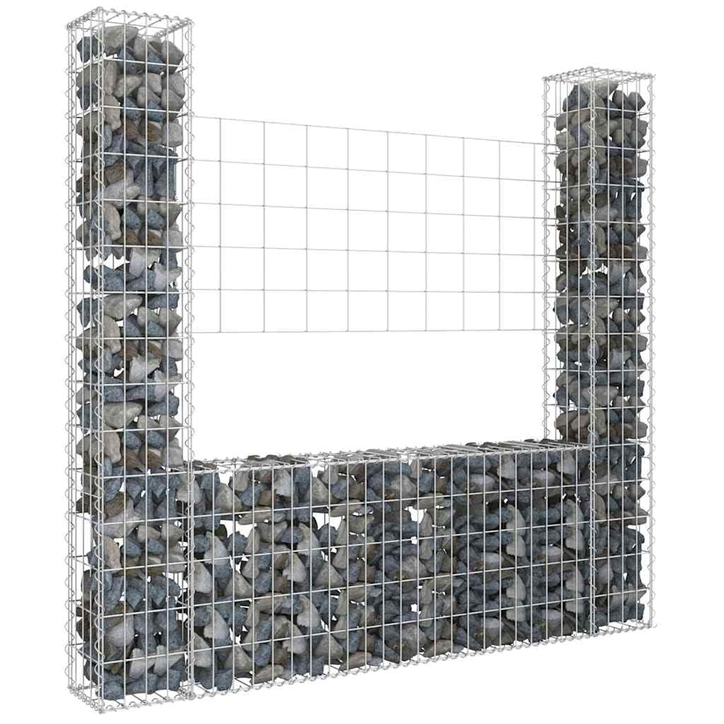 Koszyk gabionowy w kształcie litery U z 2 żelaznymi kolumnami, 140 x 20 x 150 cm, kamienny kosz na ścianę nośną, wytrzymała siatka o przekroju 3,5 mm, odporna na warunki atmosferyczne i