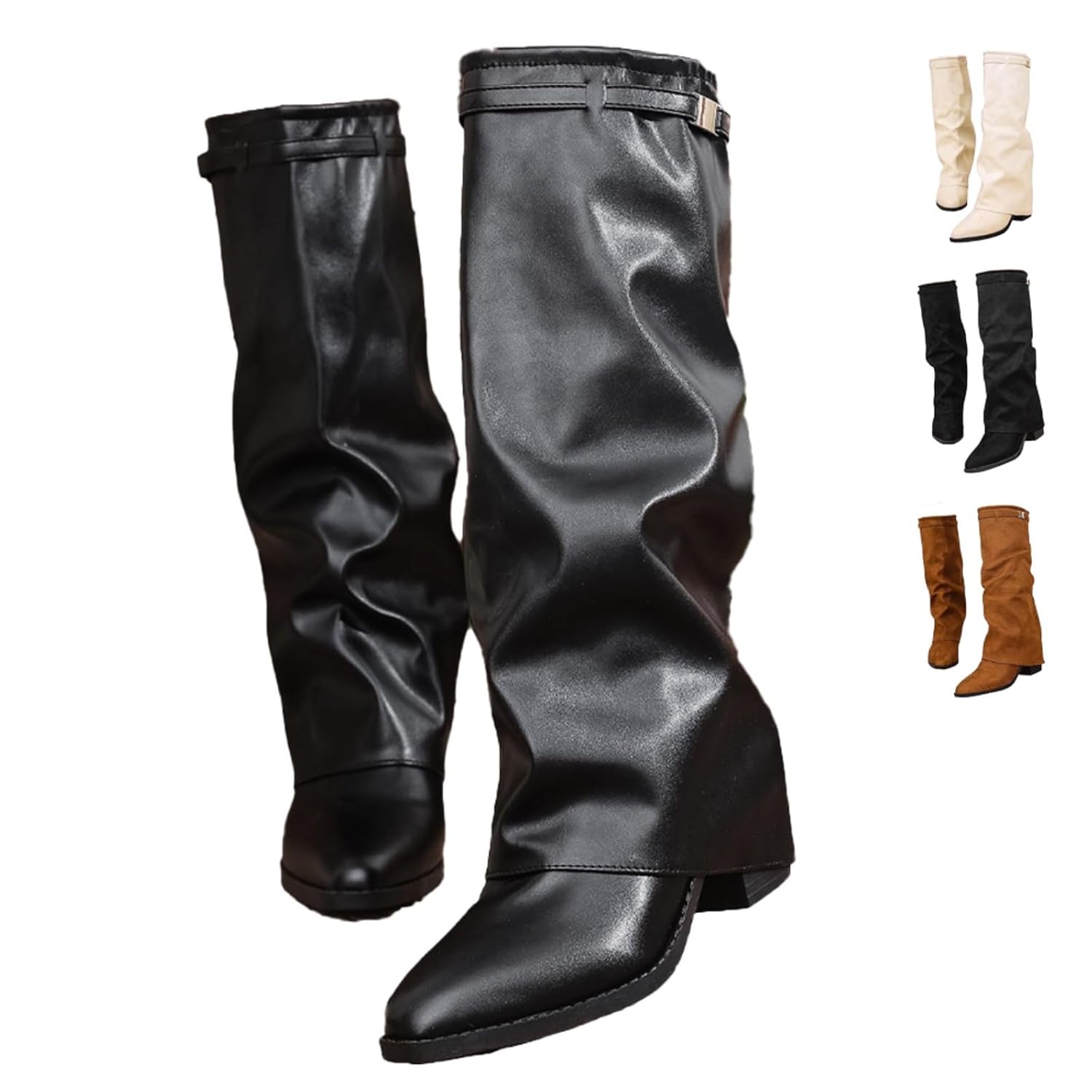 Womens Slouchy Knee High Boots Extra Wide Calf Western Leather Boots Suede Chunky Fold Over Thigh High Shark