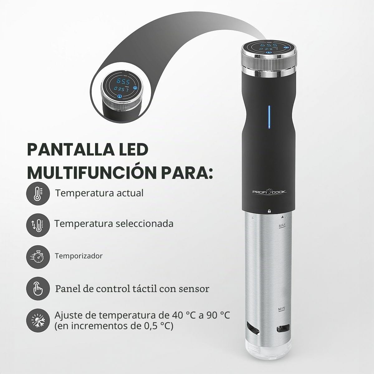 ProfiCook® Sous Vide Stick función mantener caliente y descongelar, sous vide hasta 90°C, pinza de montaje para olla de cocción lenta. Pantalla táctil, carcasa de acero inoxidable, PC- SV 1126
