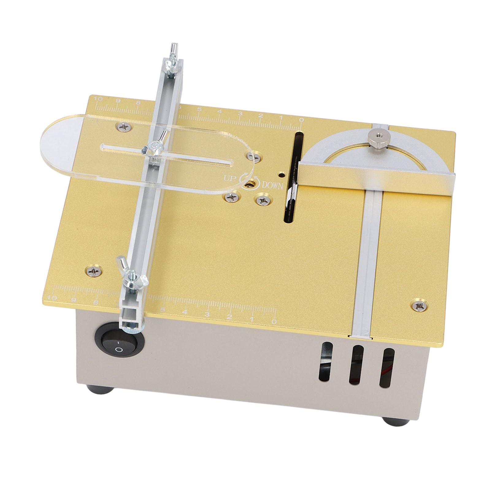 Mini Sierra de Mesa Eléctrica, 96W, Portátil, Multifuncional, Metal, 18x17x7.5cm, Control de 7 Velocidades, para Manualidades y Modelismo