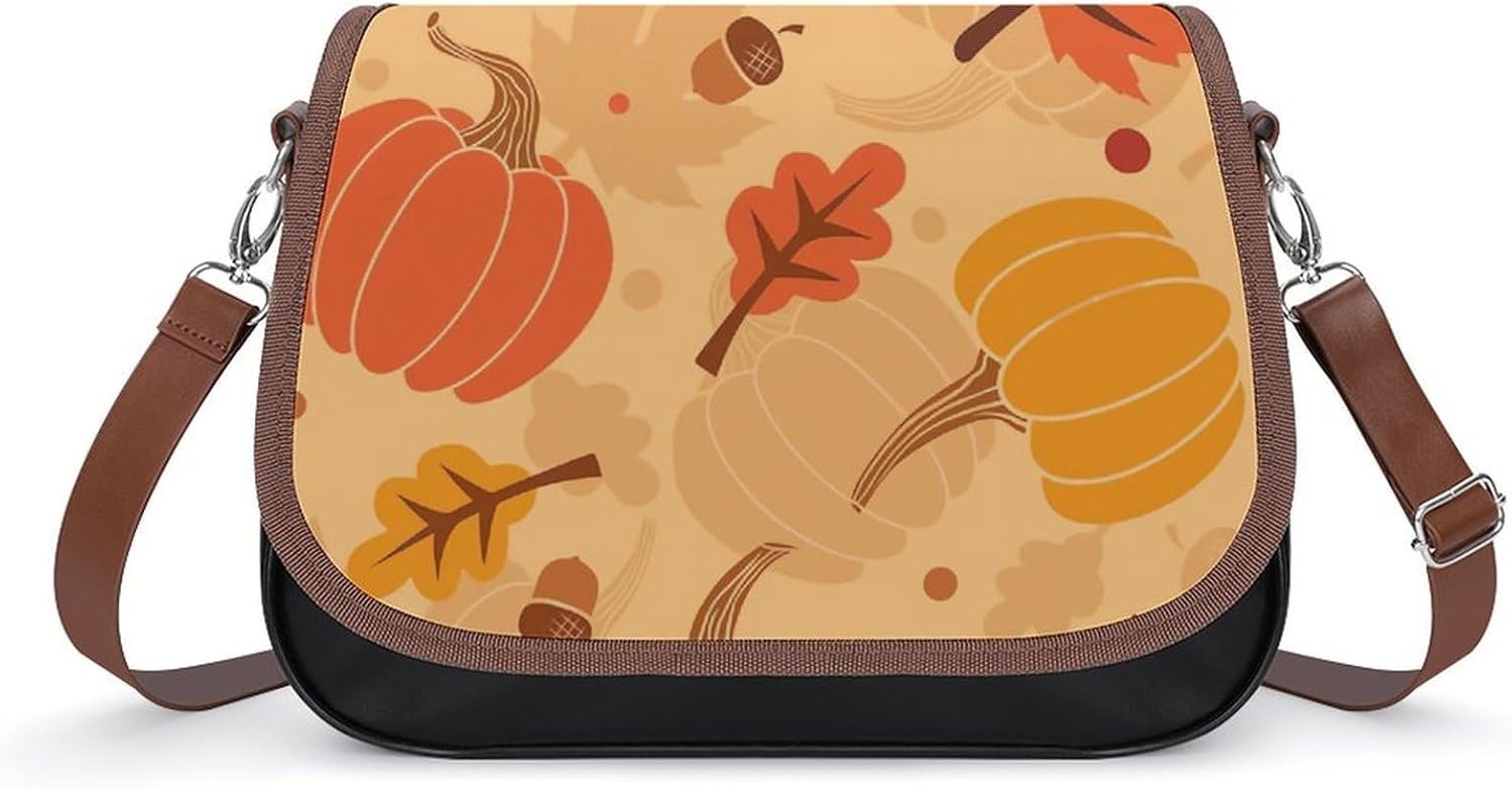Fall Pumpkin Autumn Leaf And ChestnutWomen's Faux Leather Crossbody Bag, Waterproof Wrinkle-Resistant Shoulder Bag with Detachable Strap, Large Capacity Casual Handbag, Fashion Daily Purse for Shoppin
