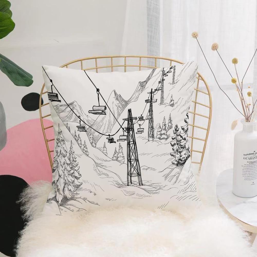 HYOSXW Cushion Cover,Throw Pillow Case Home Decorative for Living Room Bedroom Sofa Chair 16X16 Inch,Black and white hand-drawn ski lift, Snow Ridge Ski Lift Line,Pillowcase 40X40cm