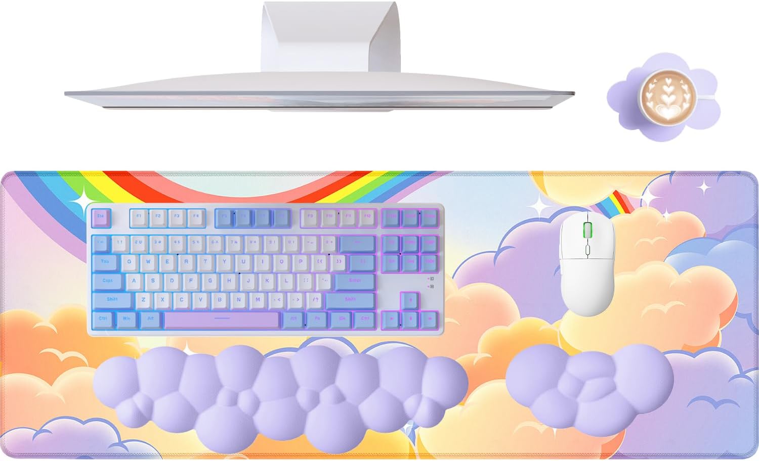 ATTACK SHARK 4 in1 Cloud Mouse Pad,Keyboard Wrist Rest,Mouse Wrist Rest Support,and Leather Coaster Set with Office Desk Mat,Non-Slip PU Desk Pad Memory Foam Ergonomic Pain Relief for Office and Home