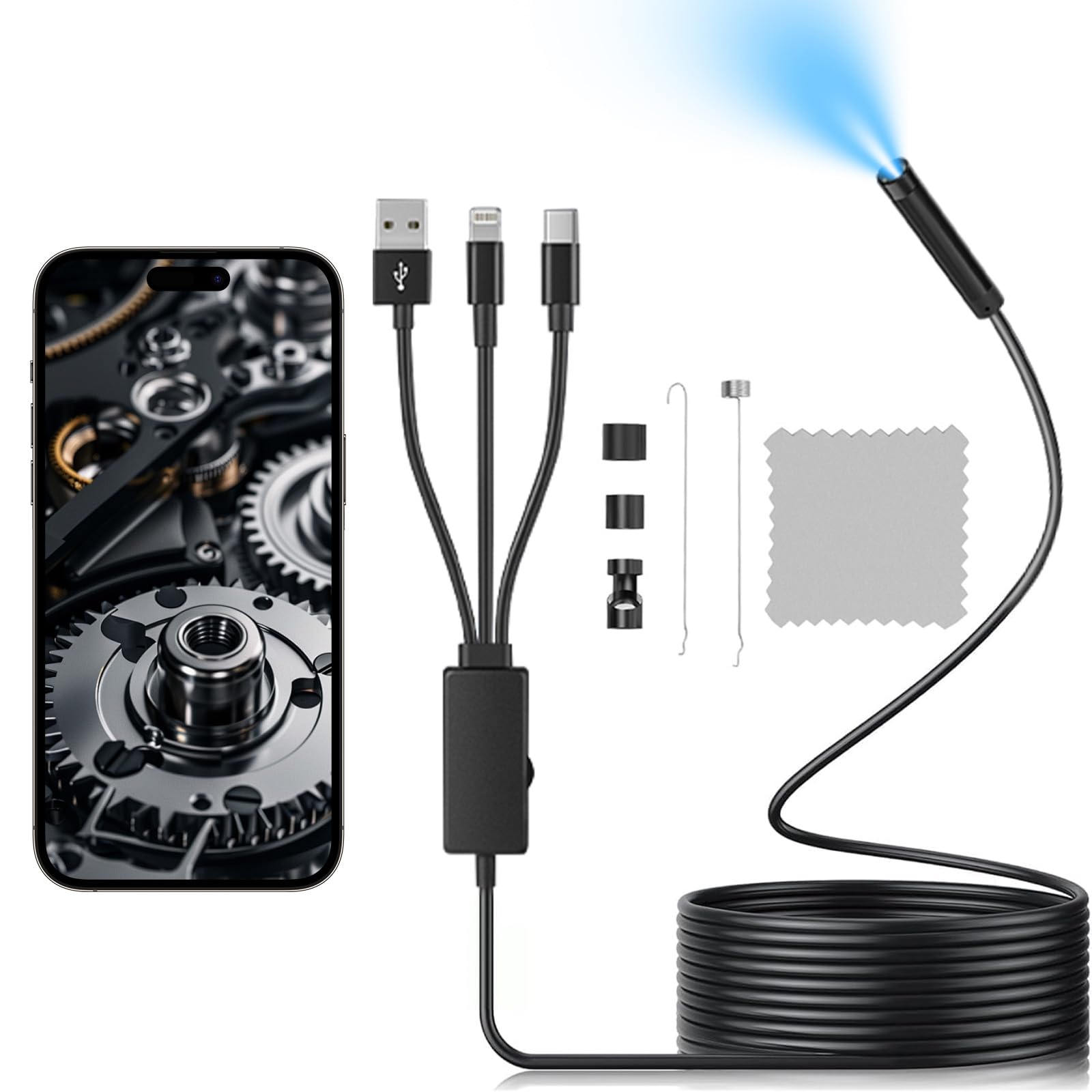 Endoscope Inspection Camera, 8mm IP67 Waterproof Tube, 1920 HD Flexible Rigid Snake With Light for iOS/Android Phone, iPad, Window (9.84 ft/ 3m)