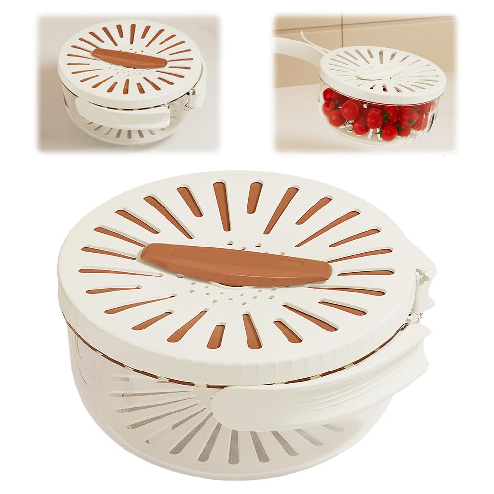 Multifunctional Fruit and Vegetable Washing Bowl, 2025 New Fruit Drainer Container with Handle and Cover, 2-in-1 Drainer, Bilayer Collapsible Fruit Washing Basket (Brown)