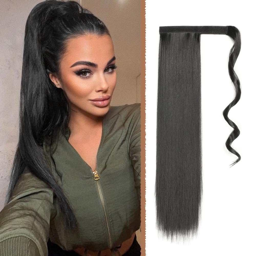 DKDXID Coleta Postiza Pelo Natural Trenza 55cm Extensiones Pelo Natural Coleta Cabello Sintetico Larga Cola Postiza Pelo Natural Extensión Coleta Pelo Natural Liso Ponytail Hair Extension Mujer-1B