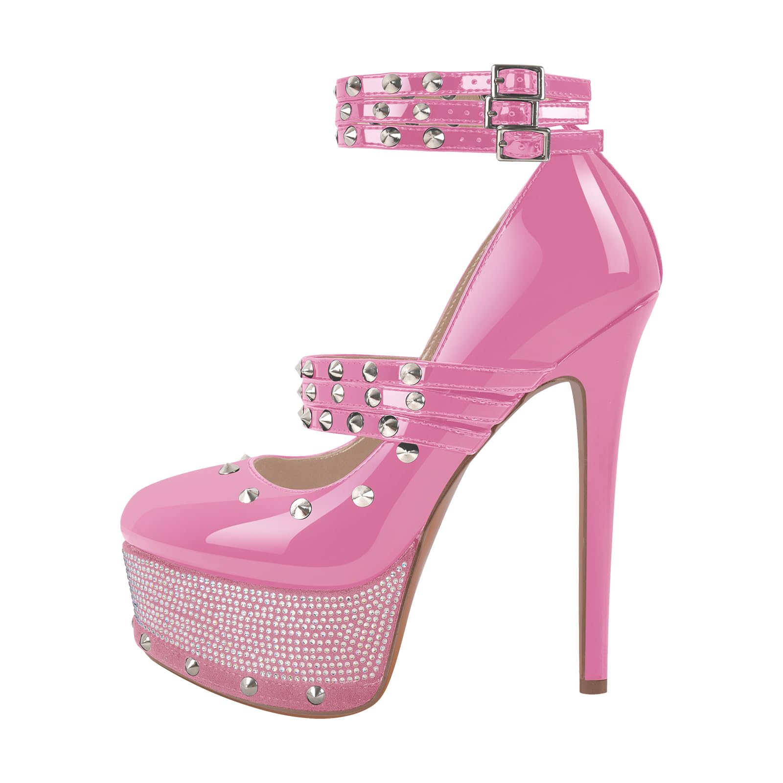 onlymaker Close Toe Stiletto Platform Mary Jane Pumps for Women Triple Buckle up Rivet Studded Strappy Party Shoes