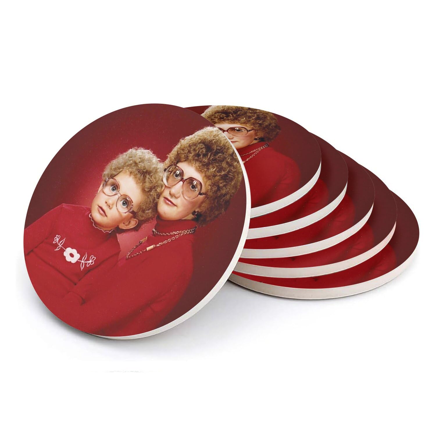 Sous-verre ronds en céramique souvenir photo rétro mère enfant pull rouge