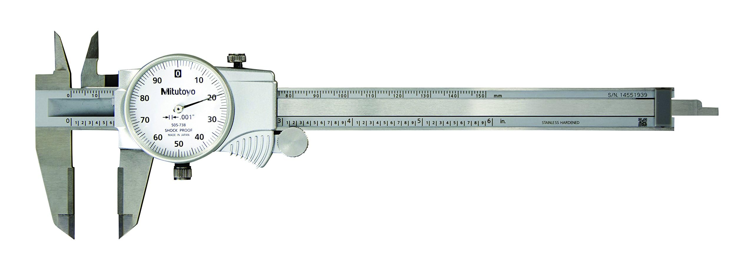 Mitutoyo 505-738 Series 505 Dial Calliper, Carbide-Tipped Jaws for OD & ID Measurement, 0.001" Accuracy, 0"-6" Range